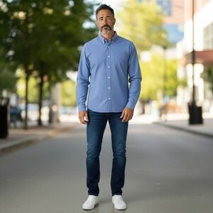 Arrow Mens 17 34-35 Blue Micro Gingham Button Down Shirt Long Sleeve‎ Classic